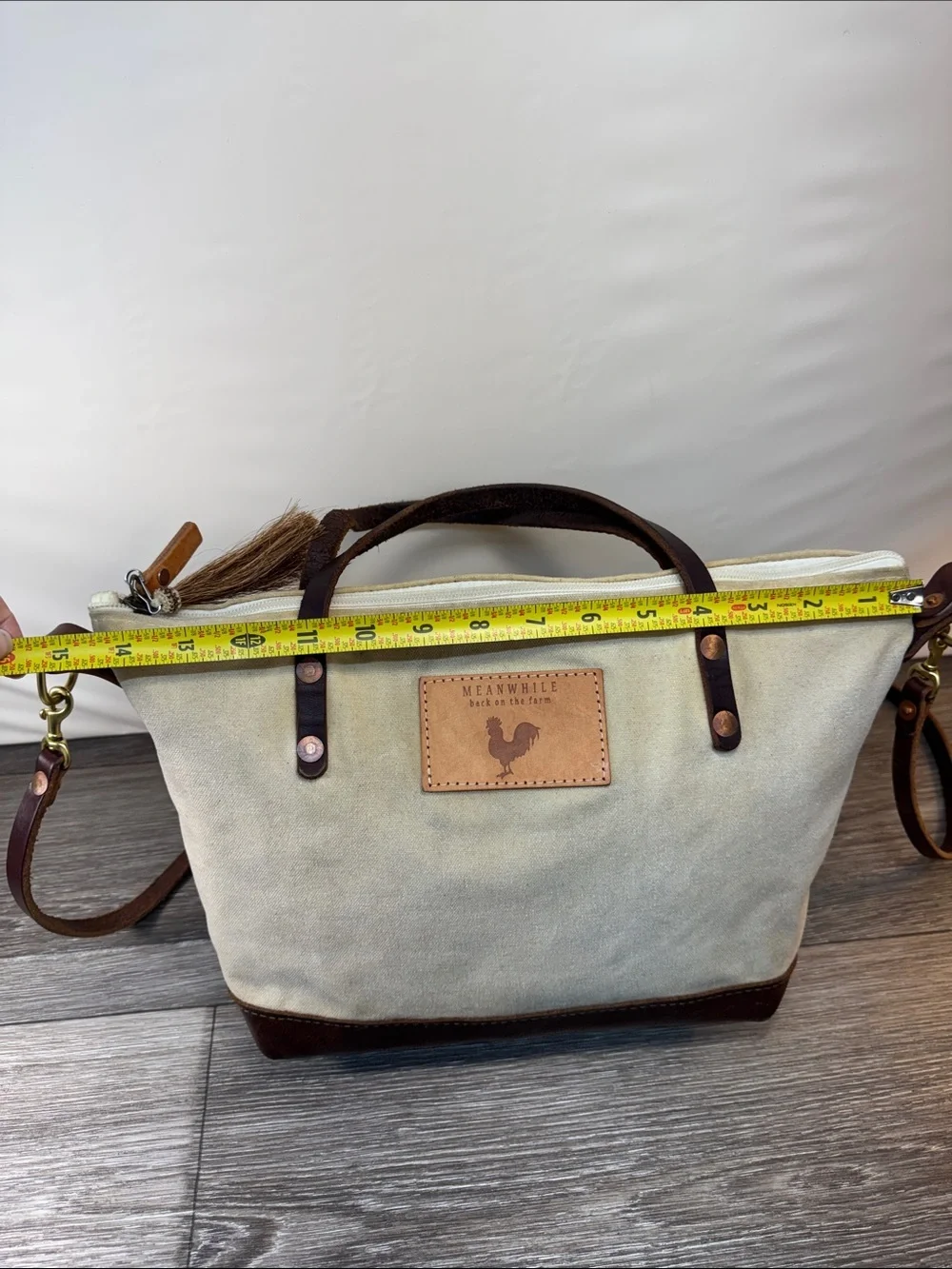 Meanwhile Canvas Shoulder Bag with Brown Leather Trim - Cream
